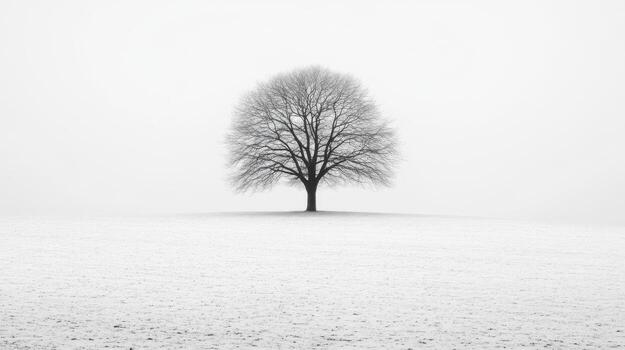Lonely tree on a snowy field during a foggy winter day photo