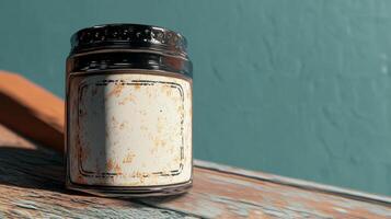 Rustic jar with a blank label on a weathered wooden table photo