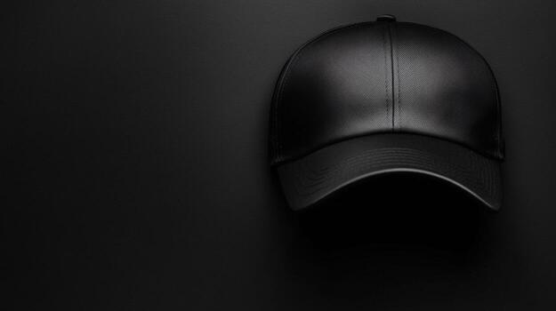 Black leather cap resting on a dark surface in a minimalist style photo
