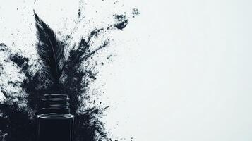 Ink splatter creation with quill and ink bottle on white backdrop photo