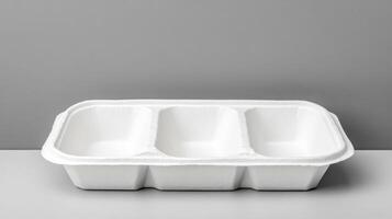 Plain white tray divided into three compartments on a gray surface photo