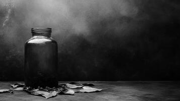 Dark glass jar with leaves on a textured surface photo