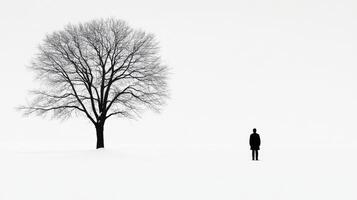 Person standing alone in winter landscape with bare tree photo