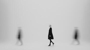Individual walking in a minimalist space with blurred figures photo