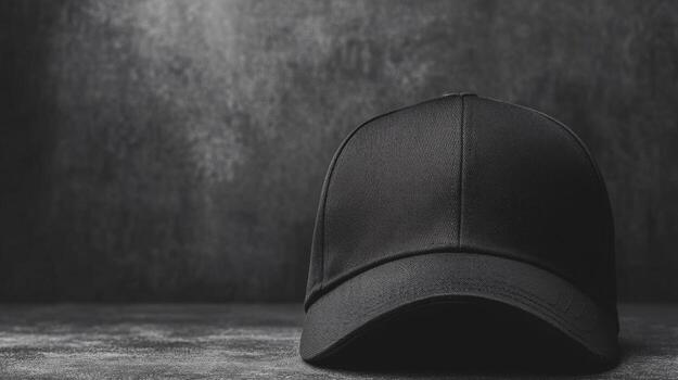 Black cap positioned on a textured surface with soft lighting photo