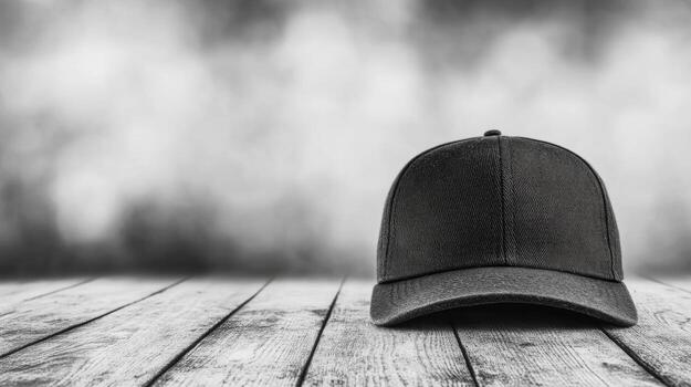 Black cap placed on a wooden table with a blurred background photo