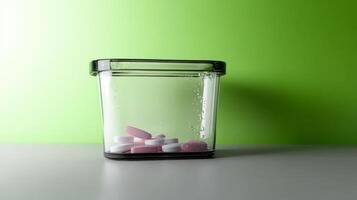 Tablets dissolving in a glass container with bubbles forming photo