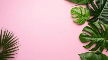 Lush green leaves arranged on a pastel pink background photo