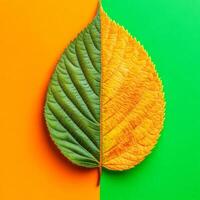 Leaf depicting seasons with vibrant colors and contrasting halves photo