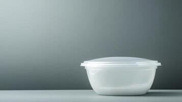 White plastic container on gray background in minimalistic style photo