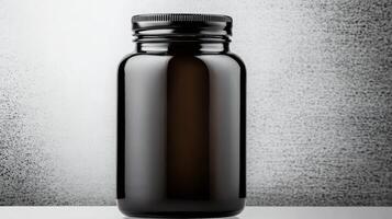 Dark glass jar displayed on a minimalist background photo