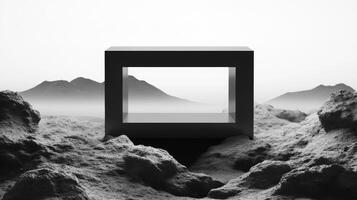 Modern minimalist table in a surreal rocky landscape setting photo