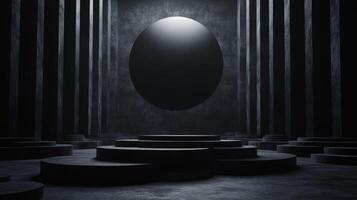 Dark architectural space with large circular element in center photo