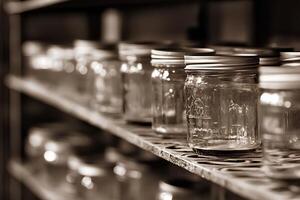 Black and white image of glass jars neatly arranged on a shelf in a store, emphasizing simplicity and organization photo