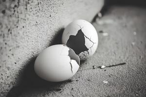 A black and white photograph of a broken eggshell on a cement surface, showcasing the intricate cracks and texture of the shell against the rough background photo