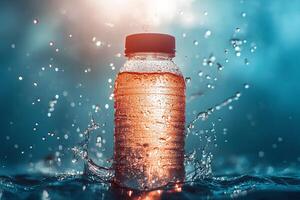 Dynamic splash of water bursting from a plastic bottle against a dark background, emphasizing motion and freshness photo