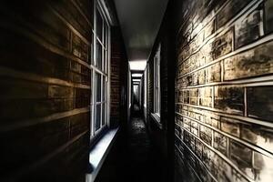 A moody and atmospheric interior of a dark corridor featuring wooden doors and windows, creating a mysterious and vintage ambiance photo