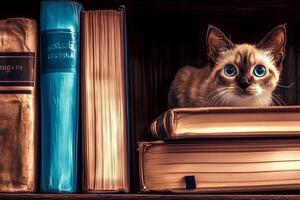 A Siamese cat resting next to a stack of books on a shelf, with a soft vintage tone to the image photo