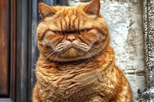 A close-up portrait of a red cat with bright eyes, posing against the rustic background of a stone wall photo