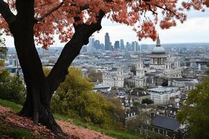 A breathtaking panoramic view of the London city skyline from a high hill, showcasing iconic landmarks and urban scenery photo