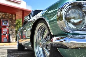 Classic vintage car captured from the front at a local car show, showcasing its timeless design and details photo