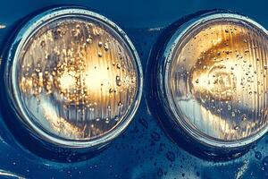 A detailed close-up of vintage car headlights, adorned with water drops, showcasing the classic design and texture photo