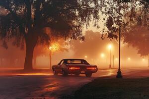 A vintage retro car driving through a foggy road on a serene morning, creating a nostalgic and mysterious atmosphere photo