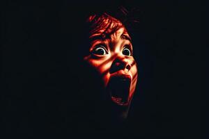 Eerie portrait of a young boy with a haunting expression, emerging from the darkness, creating a mysterious and unsettling atmosphere photo