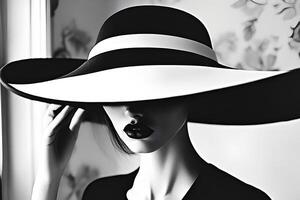 An elegant black and white portrait of a woman wearing a sophisticated hat, capturing timeless beauty and high-fashion grace photo
