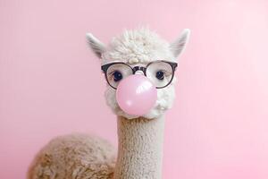 A fun and quirky image of a cute alpaca wearing eyeglasses and blowing a bubble with pink bubble gum, set against a playful pink background photo