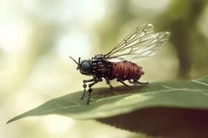 A detailed close-up shot of a fly resting on a green leaf, with a soft, blurry background highlighting the fly's intricate features and the natural beauty of its surroundings photo
