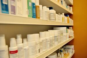 Close up of a row of medicine bottles on a shelf in a pharmacy photo
