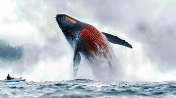 A breathtaking moment as a humpback whale leaps out of the water, displaying its incredible strength and grace in the open ocean photo