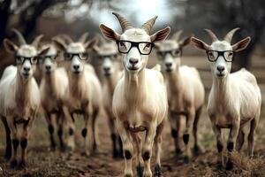 A quirky portrait of a flock of sheep wearing glasses, grazing in a lush green field, creating a fun and unique scene photo