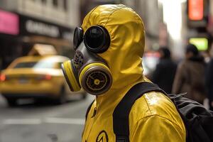 A masked man wearing a full radioactive protective suit, standing in a secure environment, showcasing safety measures for hazardous situations photo