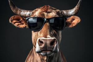 Fun and quirky portrait of a cow sporting sunglasses, set against a dark background, adding a humorous twist to the image photo