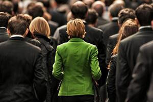 A businesswoman in a green jacket seen from the back, standing confidently in a crowd, creating a powerful visual of individuality in a bustling environment photo