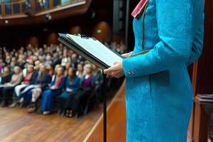 A focused shot of a female speaker delivering a speech at the conference hall, with the attentive audience in the background, capturing the atmosphere of a professional event photo