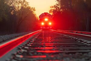 A train passing on the railroad at sunset, with a warm golden glow lighting up the scene, set at a railway station, showcasing the beauty of transportation and evening travel photo