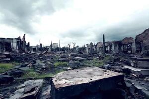 A dramatic view of the ruins of a heavily polluted industrial factory, once one of the most polluted towns in Europe, showcasing the environmental devastation and decay of the site photo