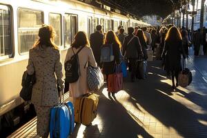 Passengers waiting at the train station in Milan, Italy, showcasing the hustle and bustle of the city's transportation hub photo