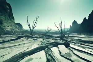 A dramatic fantasy landscape featuring dead trees in a vast desert, with an otherworldly atmosphere, creating a surreal and eerie scene of the barren land photo