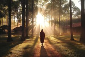 A serene rear view of a Buddhist monk walking through a peaceful pine forest, embodying tranquility and spiritual solitude in nature photo