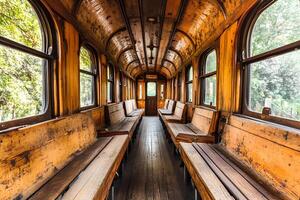 A captivating view of the interior of an old train carriage, surrounded by dense forest, showcasing weathered seats and vintage design, capturing a sense of abandonment and nostalgia photo