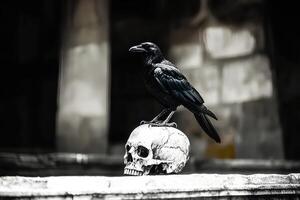 A dramatic black and white image of a crow perched on a human skull, evoking a mysterious and eerie atmosphere photo