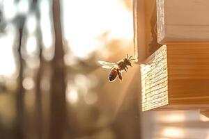 A close up of a honey bee on a window, illuminated by golden sunbeams with a dreamy bokeh background, highlighting the delicate details of nature photo