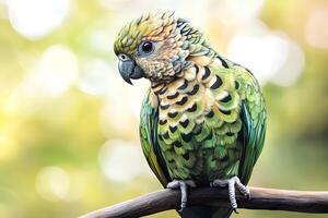 A close-up portrait of a vibrant green-feathered parrot with a beautifully blurred background, highlighting its striking colors and intricate details photo