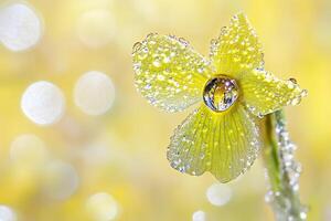 A stunning close-up of a yellow daffodil with dew drops on its petals, set against a soft bokeh background, creating a dreamy, fresh spring atmosphere photo