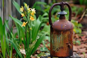 Vintage rusty kettle with bright yellow flowers growing inside it, placed in a charming garden setting photo