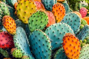 A vibrant scene of various cactuses thriving in the botanical garden of Barcelona, showcasing the diversity of desert plants in a lush setting photo